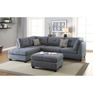 Divano Sezionale Reversibile in Polifibra Blu-Grigio a 3 Pezzi con Chaise Longue e Pouf, Cuscini Inclusi per Soggiorno - Product Image 2