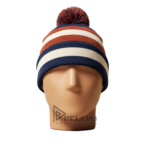 Bonnet à pompon rayé tricolore personnalisé OEM, en acrylique 100% lourd, mélange de laine douce, revers pliable, style vintage, pour le ski et les activités de plein air en hiver - Product Image 1
