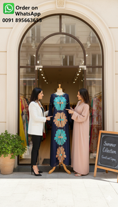 Robe Kaftan Islamique Élégante en Georgette Bleue avec Embellissements en Cristal Violet Royal et Broderies Dorées Scintillantes, Antistatique - Product Image 2