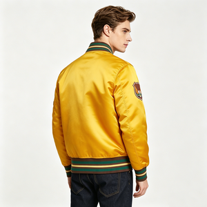 Custom Logo Men's <b>Retro</b> Souvenir Satin Flight Varsity <b>Jacket</b> <b>Leather</b> Chest Patch Striped Cuff Embroidered Letterman Bomber Coat - Product Image 2