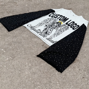 เสื้อยืดผู้ชาย OEM สีสันตัดกันสไตล์วินเทจ ผ้าหนานุ่ม เสื้อยืดพิมพ์ลายกราฟิกตามสั่ง ทรงบ็อกซี่ ประดับคริสตัล แขนยาว - Product Image 2