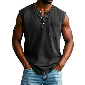 Camisetas sin mangas retro con cuello en V y botones para hombre, personalizadas OEM, con efecto desgastado, sin mangas, para gimnasio y entrenamiento, con bolsillos en el pecho - Product Image 6