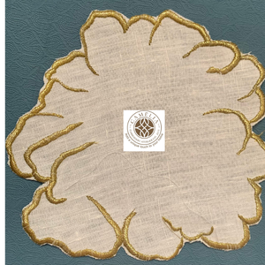 Linen cocktail napkin with golden embroidered bloom <b>edges</b>, soft petal shape adding a refined and elegant table accent. - Product Image 1