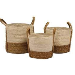 Ensemble de 3 housses de pots de plantes pliables en osier naturel tressé à la main, durables, avec poignées et doublure imperméable pour la décoration intérieure - Product Image 2