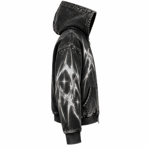 Gothic Print <b>Zip</b>-Up <b>Hoodie</b> Men Oversized Black Fleece Sweatshirt With <b>Pocket</b> Autumn Wear Regular Sleeve French Terry - Product Image 3