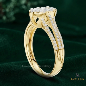 Elongated Round Lab Grown Diamond Cluster <b>Ring</b> With Triple <b>Split</b> Shank, Full Pave Strands Elevated Center Prong Set Promise <b>Ring</b> - Product Image 5