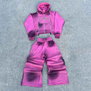 Conjunto de Sudadera Corta Casual con Pedrería Personalizada y Pantalones Anchos de Mezcla de Algodón, Chándal Urbano con Logo - Product Image 1