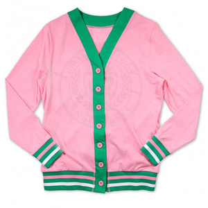 Cardigan en tricot contrastant rose et vert Sorority Alpha K Alpha, col en V, broderie de lettres grecques, pour femmes, 100% coton, vêtements d'hiver - Product Image 1