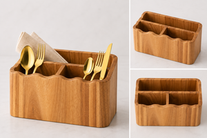 Support à Couverts en Bois de Mangue à 3 Compartiments, Organisateur de Couverts et Serviettes en Bois pour Cuisine, Buffet, Restaurant (Vente en Gros) - Product Image 2
