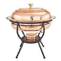 Plat à chafing ovale de luxe en cuivre martelé avec finition antique, grand réchaud de buffet avec support en fer forgé pour service traiteur