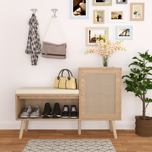 2-in-1 panca porta scarpe in Rattan naturale moderno Organizer per ingresso 2 ripiani regolabili cuscino del sedile rimovibile per corridoio - Product Image 1