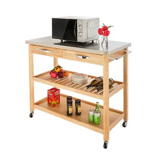 Carrello da Cucina Moderno Regolabile con Finitura Burlywood, Piano in Acciaio Inox, Due Cassetti, Due Ripiani, Caratteristica Impermeabile - Product Image 3