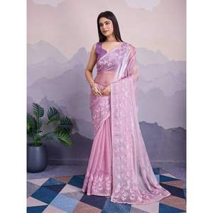 TRENDING SECUENCIA BORDADA SECUENCIA TRABAJO SAREE CON BLUSA DESCOSADA BEBÉ ROSA - Product Image 1