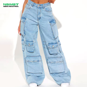 Light Wash Multi Pocket Cargo Trousers Oversized Baggy Denim Pants Tactical Streetwear Relaxed Fit Wide Leg Jeans - Product Image 1