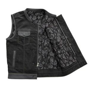 เสื้อกั๊กสไตล์เดนิมหนังลาย Paisley สีดำแดงสำหรับผู้ชาย - Product Image 1