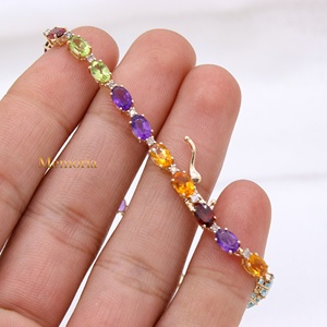 กำไลข้อมือเทนนิสทรงรีประดับเพชรและพลอยหลากสีทองคำแท้ 14K สำหรับผู้หญิง เหมาะสำหรับงานปาร์ตี้และงานแต่งงาน - Product Image 4