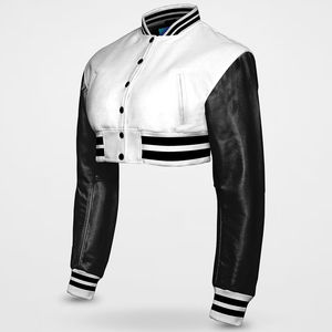 Veste universelle en jean PU style universitaire noir et blanc, coupe punk rock, longueur standard, col montant, simple boutonnage, coupe ajustée, pour l'hiver - Product Image 4