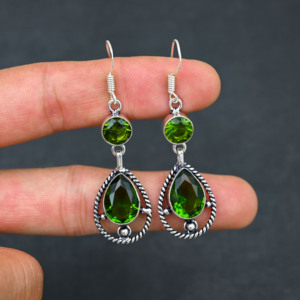 Customised Lab-Created <b>Green</b> Peridot Gemstone 1.90" Inch Pear Bezel Setting Sterling Silver Plated Luxury Wedding <b>Earrings</b> - Product Image 1