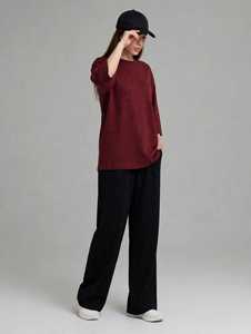 Women Solid Maroon Three Quarter Sleeve <b>Top</b> <b>And</b> <b>Black</b> Wide Leg Pants Two Piece Casual <b>Set</b> - Product Image 5