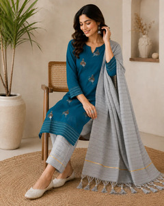 Unstitched Hand Embroidered Jamdani Cotton <b>Kurta</b> Set in Blue With Silver Duptta for <b>Women</b> Available at wholesale Price - Product Image 2