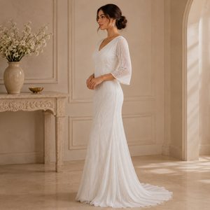 Luxury Modern Plus Size White Lace Beaded A-Line Wedding Gown Women Elegant V Neck Bridal Reception Evening Party Formal Maxi - Product Image 3