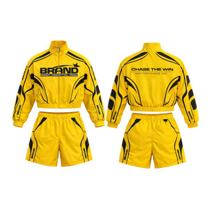 Conjunto corto de sudadera cortavientos de algodón grueso de 300 GSM, azul real con estampado gráfico amarillo y logo en relieve, para hombre. - Product Image 3