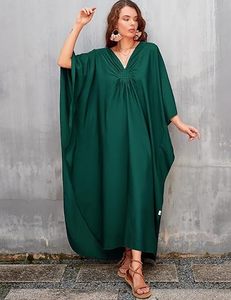 Women's Solid Green V Neck Maxi Abaya <b>Loose</b> Fit Long Sleeve Batwing Modest <b>Dress</b> With Slit Hem Polyester Daily Wear Summer Style - Product Image 5