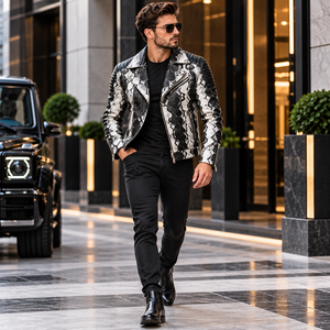 <b>Mens</b> Black White Embossed Snake Skin Leather Biker <b>Jacket</b> Premium Breathable Winter <b>Motorcycle</b> Moto <b>Jacket</b> Stylish - Product Image 3