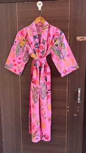 Women's Pink Animal Print Cotton <b>Kimono</b> Robe Full-Length Drawstring Closure Soft & Breathable Lightweight Summer Nightwear - Product Image 6