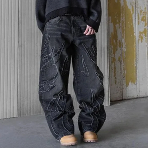 Jeans de mezclilla de cintura alta y pierna ancha para hombre con bordado tribal, estilo casual holgado, pantalones de mezclilla de algodón para otoño. - Product Image 3