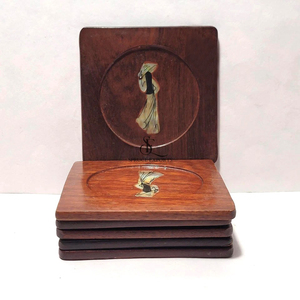 Handmade Wooden <b>Coaster</b> <b>Set</b> With Elegant Mother Of Pearl Inlay Statue Design Durable, Rustic Charm For Home & Bar Decoration - Product Image 1