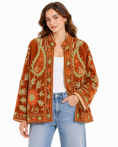 Women Velvet Embroidered <b>Jacket</b> Mandarin Collar Lantern Sleeve Floral Boho Style Autumn Coat Handmade Suzani <b>Pattern</b> - Product Image 1
