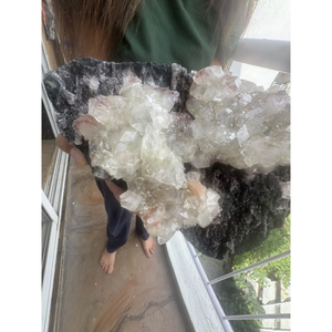 Natural Apophyllite Stilbite on Black Chalcedony <b>Crystal</b> <b>Cluster</b> Mineral Specimen for Interior Decor and Wholesale - Product Image 1