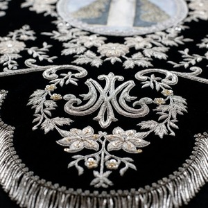 Custom Hand Embroidered Black Velvet Religious Standard Christian Church Processional <b>Banner</b> with Silver Bullion Flowers & Crown - Product Image 4