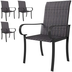 Set of 4 Brown Outdoor Wicker Dining <b>Chairs</b> with Armrest Steel Frame <b>Highback</b> and Deep Seating - Product Image 1