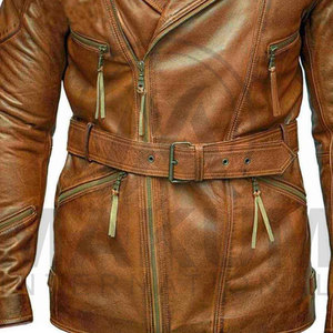 <b>Men's</b> Brown Genuine Cowhide <b>Leather</b> Motorcycle <b>Jacket</b> With Belt And Zipper Closure Turn-down Collar Regular Fit - Product Image 5