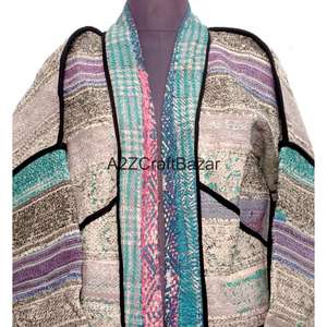 Chaqueta de Punto Reversible Hecha a Mano, Ecológica, Transpirable, de Secado Rápido, Estilo Vintage Kantha, con Cuello Alto y Botones, para Mujer, 100% Algodón, Otoño - Product Image 3