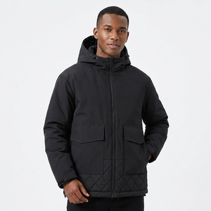 Men's Black Hooded Jacket Zipper Closure Windproof Casual <b>Winter</b> Coat Loose Fit Polyester Wadding Regular Length - Product Image 5