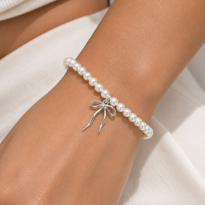Quality 925 Sterling <b>Silver</b> Gold Plated Pearl Chain Link <b>Bracelet</b> with Bow Charms for Women - Product Image 4