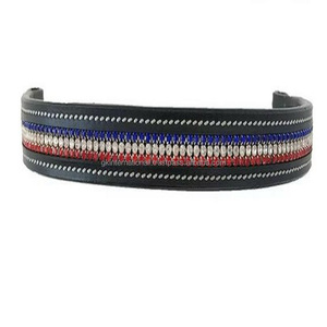 Customized Solid 3 Lines of Multicolor <b>Crystals</b> Decorative Black or Brown Leather Horse Brow Band with White Edge <b>Stitching</b> - Product Image 3