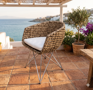 Silla de Comedor Moderna de Mimbre Natural con Patas de Acero, Elegante Mueble de Jardín para Patio Exterior, Silla de Bistró/Cafetería Tejida a Mano - Product Image 4
