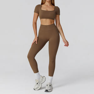 Ensemble de vêtements de sport pour femmes, uni, longueur cheville, taille haute, sans couture, respirant, extensible, avec taille élastique, pour le yoga et la gym, vente en gros - Product Image 2