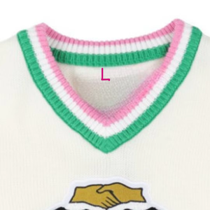 For Acrylic V-Neck Winter Women's Sweater Pink Green Trim Greek Sorority Front Logo Premium Soft Warm Stylish Fit Casual - Product Image 3