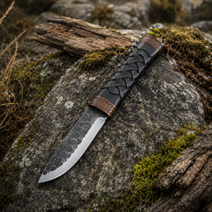 Couteau à lame fixe en acier carbone martelé artisanal avec manche en cuir tressé, couteau de chasse et de camping en plein air - Product Image 2