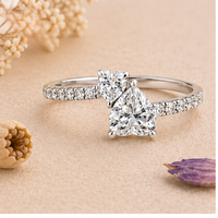 Anillo Toi et Moi con Diamante en Forma de Pera, Oro de 14K/18K, Anillo de Compromiso con Doble Piedra y Banda Pavé, Joyería para Mujer