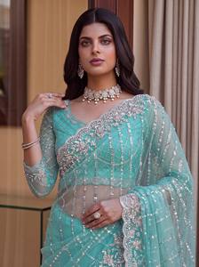 Turquoise <b>Net</b> Saree Embroidered Blouse <b>Dupatta</b> Women Traditional Indian Wedding Wear Floor-Length Regular Fit Quick Dry All - Product Image 5