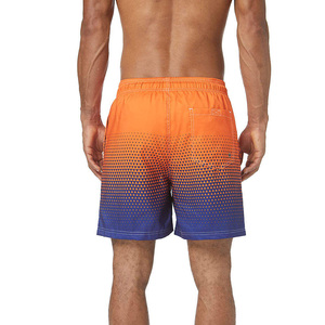 Men's Orange Blue Gradient Geometric Pattern Quick Dry Polyester Board Shorts Mid Waist Drawstring Swim Trunks - Product Image 3