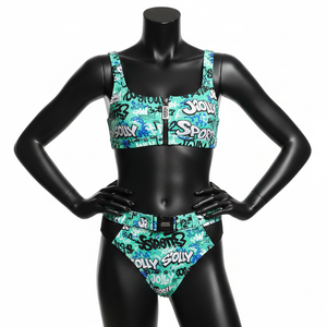 Ensemble de bikini en polyester et élasthanne premium avec imprimé graffiti, haut zippé, panneaux latéraux noirs, logo personnalisé par sublimation, pour femmes. - Product Image 6