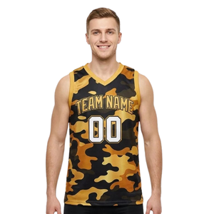 Ensemble de basket-ball imprimé pour hommes, maillot sans manches à col en V camouflage avec short uni ajusté, détails des noms et numéros des joueurs - Product Image 3