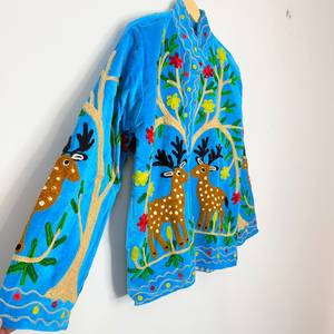 Boho Turquoise <b>Velvet</b> Suzani <b>Jacket</b> <b>Women</b> Deer Embroidery Floral Tree Life Ethnic Folk Art Handmade Cotton ODM Wholesale - Product Image 3